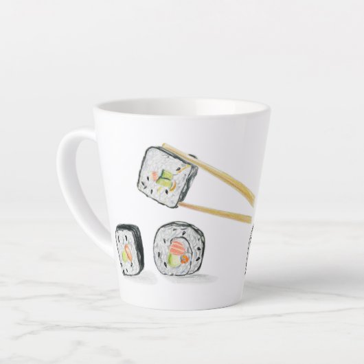 Sushi zalmbroodjes met stokjes latte mok (Linkerhoek)