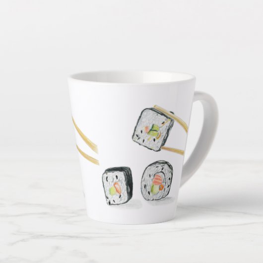 Sushi zalmbroodjes met stokjes latte mok (Rechterhoek)