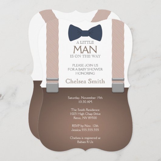 Suspender, Boog stropdas, Baby shower Uitnodiging (Voorkant / Achterkant)