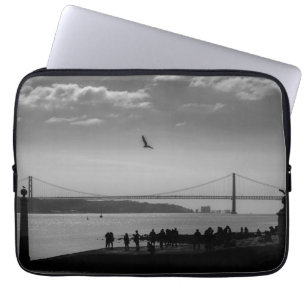 Suspension Bridge in Lissabon Black and White Phot Laptop Sleeve