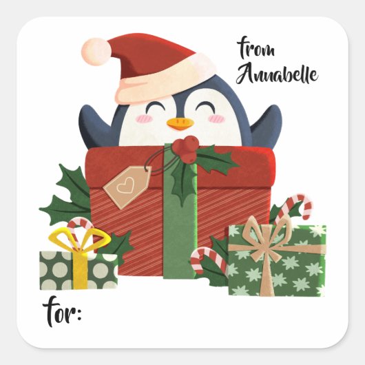 Süßer Pinguin wünscht Frohe Weihnachten Vierkante Sticker (Voorkant)