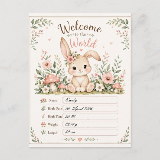 Süßes Baby Hasen Design mit Geburtsdaten Feldern Briefkaart (Voorkant)