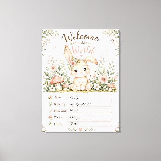 Süßes Baby Hasen Design mit Geburtsdaten Feldern Canvas Afdruk (Voorkant)