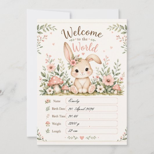 Süßes Baby Hasen Design mit Geburtsdaten Feldern Kaart (Voorkant)