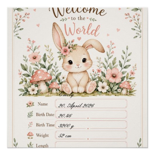 Süßes Baby Hasen Design mit Geburtsdaten Feldern Perfect Poster (Voorkant)