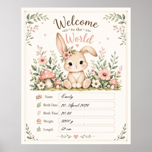Süßes Baby Hasen Design mit Geburtsdaten Feldern Poster (Voorkant)
