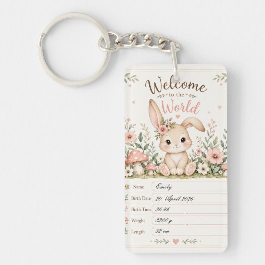 Süßes Baby Hasen Design mit Geburtsdaten Feldern Sleutelhanger (Voorkant)