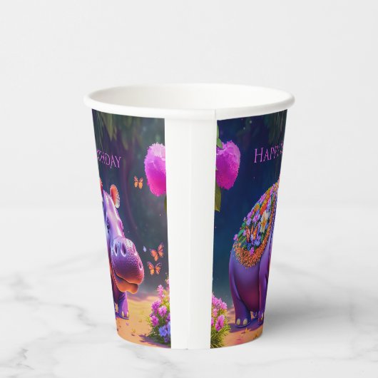 Süßes Nilpferd zum Geburtstag Papieren Bekers (Rechts)