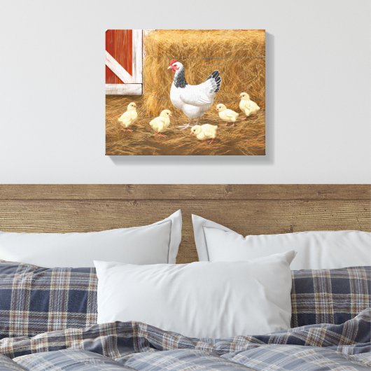 Sussex Chicken Mama Hen en Chicken Chicken Canvas Afdruk (Insitu (Slaapkamer))