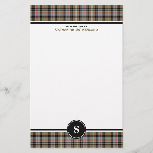 Sutherland Clan Ancient Tartan Tan Plaid Monogram Briefpapier (Voorkant)