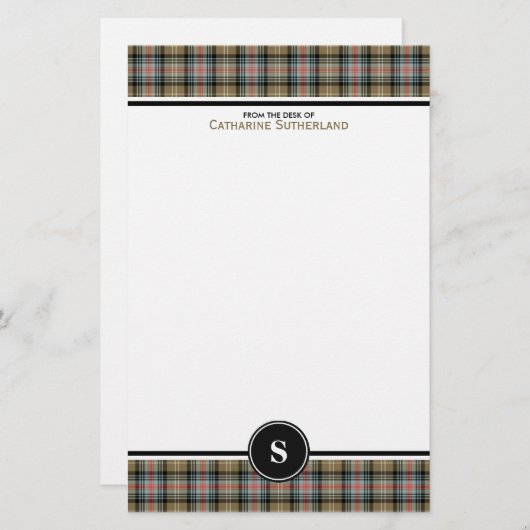 Sutherland Clan Ancient Tartan Tan Plaid Monogram Briefpapier (Voorkant / Achterkant)