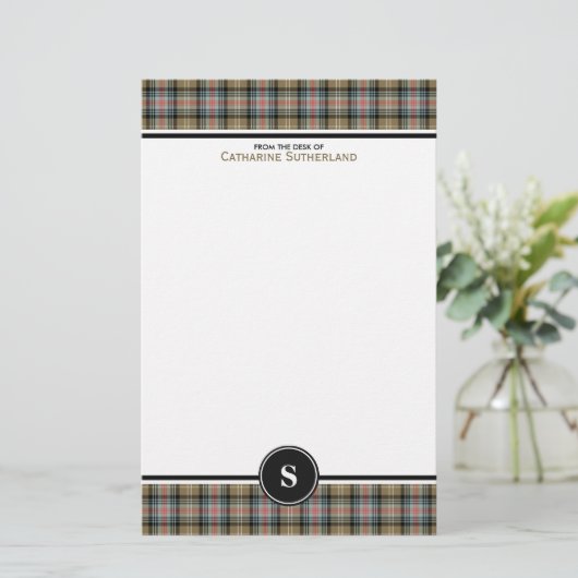 Sutherland Clan Ancient Tartan Tan Plaid Monogram Briefpapier (Staand voorkant)