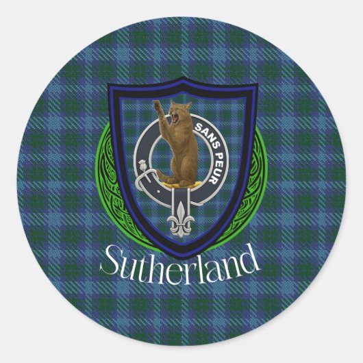 Sutherland Schotse Clan Tartan & Crest Ronde Sticker (Voorkant)