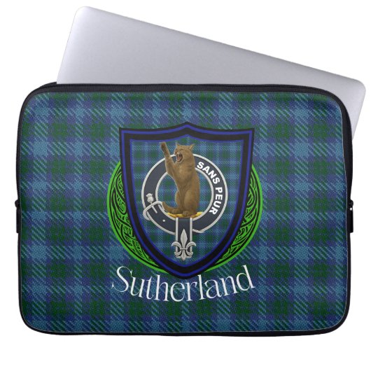 Sutherland Schotse Clan Tartan en Wapenembleem Laptop Sleeve (Voorkant)