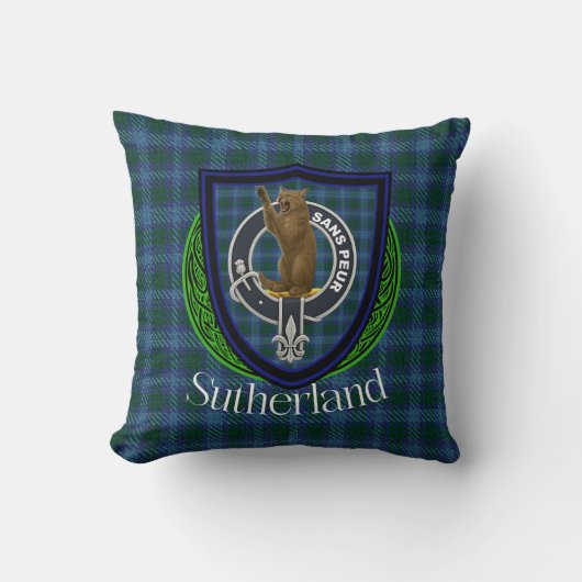 Sutherland Schotse Clan Tartan & Wapen Kussen (Voorkant)