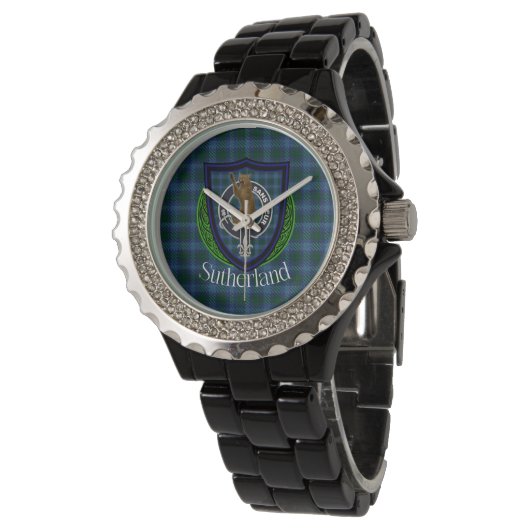 Sutherland Schotse Clan Tartan & Wapenembleem Horloge (Gekanteld)