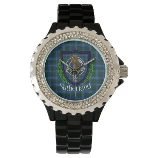 Sutherland Schotse Clan Tartan & Wapenembleem Horloge (Voorkant)