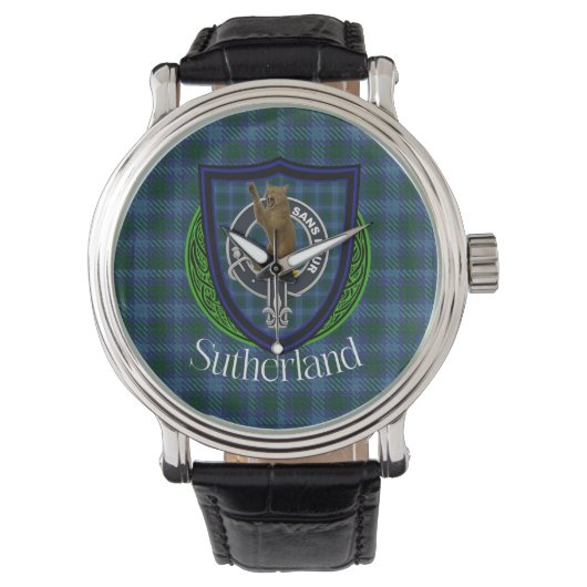 Sutherland Schotse Clan Tartan & Wapenembleem Horloge (Voorkant)