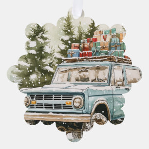 SUV met geschenken op Top Ornament Kaart