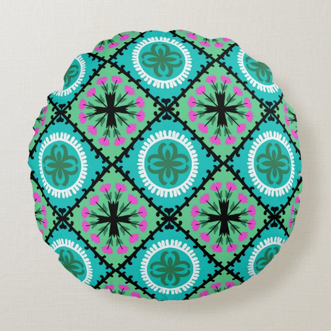 Suzani Pattern met Uzbek and Kazakse Motifs Rond Kussen (Voorkant)