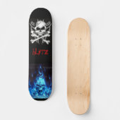 svart, schedel botten, BlueFireSkullSign, blitz Skateboard (Voorkant)