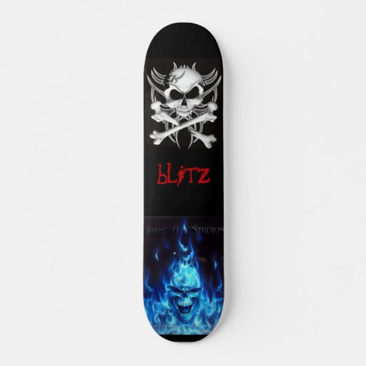 svart, schedel botten, BlueFireSkullSign, blitz Skateboard (Voorkant)
