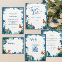 Blue Green Botanical Butterfly Wedding Stationery