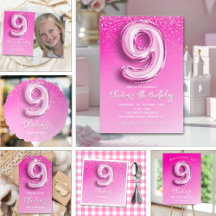 Elegant 9th Birthday Girl with Pink Number Balloon