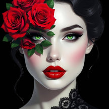 Beautiful Woman with Green Eyes and Red Rose 