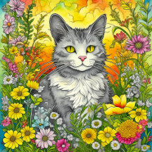 Cute Whimsical Cat in Flowers Ai Art