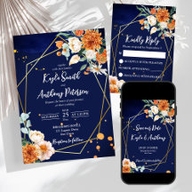 Orange white flowers sage navy blue background