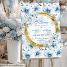 Boho Dusty Blue Flowers Gold Wedding Signs 192W