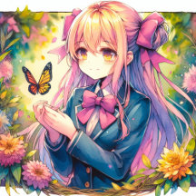 Cute Anime Girl with Butterfly and Flowers 