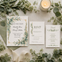 Eucalyptus Gold Frame Wedding Invitation Suite