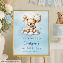 Blue Gold Teddy Bear Birthday Welcome Sign #121B