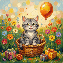 Cute Whimsical Tabby Cat and Flowers Birthday