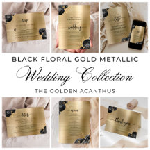 Elegant Black Floral Gold Brushed Metal Wedding