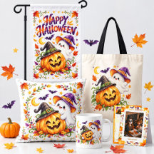 Cute Watercolor Halloween Ghost & Pumpkin