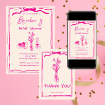 Handdrawn scribble retro pink ribbon bridal shower