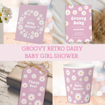 Daisy Baby Girl Shower Pink Retro Daisies Groovy