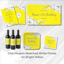 Chic Modern Sketched White Florals - Bright Yellow