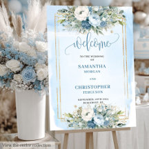 Dusty Blue White Gold Floral Welcome Signs 210W