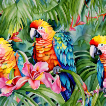 Pretty Colorful Parrots and Tropical Flowers