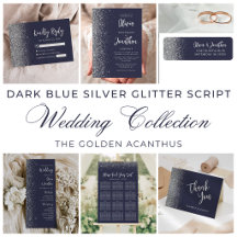 Dark Blue Silver Glitter Calligraphy Wedding Suite