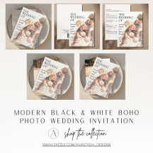 MODERN BLACK & WHITE PHOTO BOHO WEDDING INVITATION