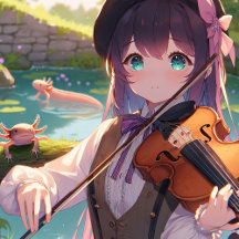 Anime Girl with Violin and Axolotls