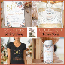 50th Birthday Autumn Boho Party Supplies + Gifts 