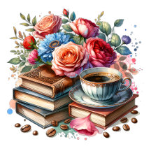 Vintage Watercolor Coffee, Books and Flowers