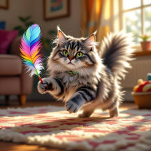 Cute Fluffy Cat Chasing a Feather