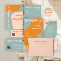 Retro groovy 70s dusty blue pink orange wedding